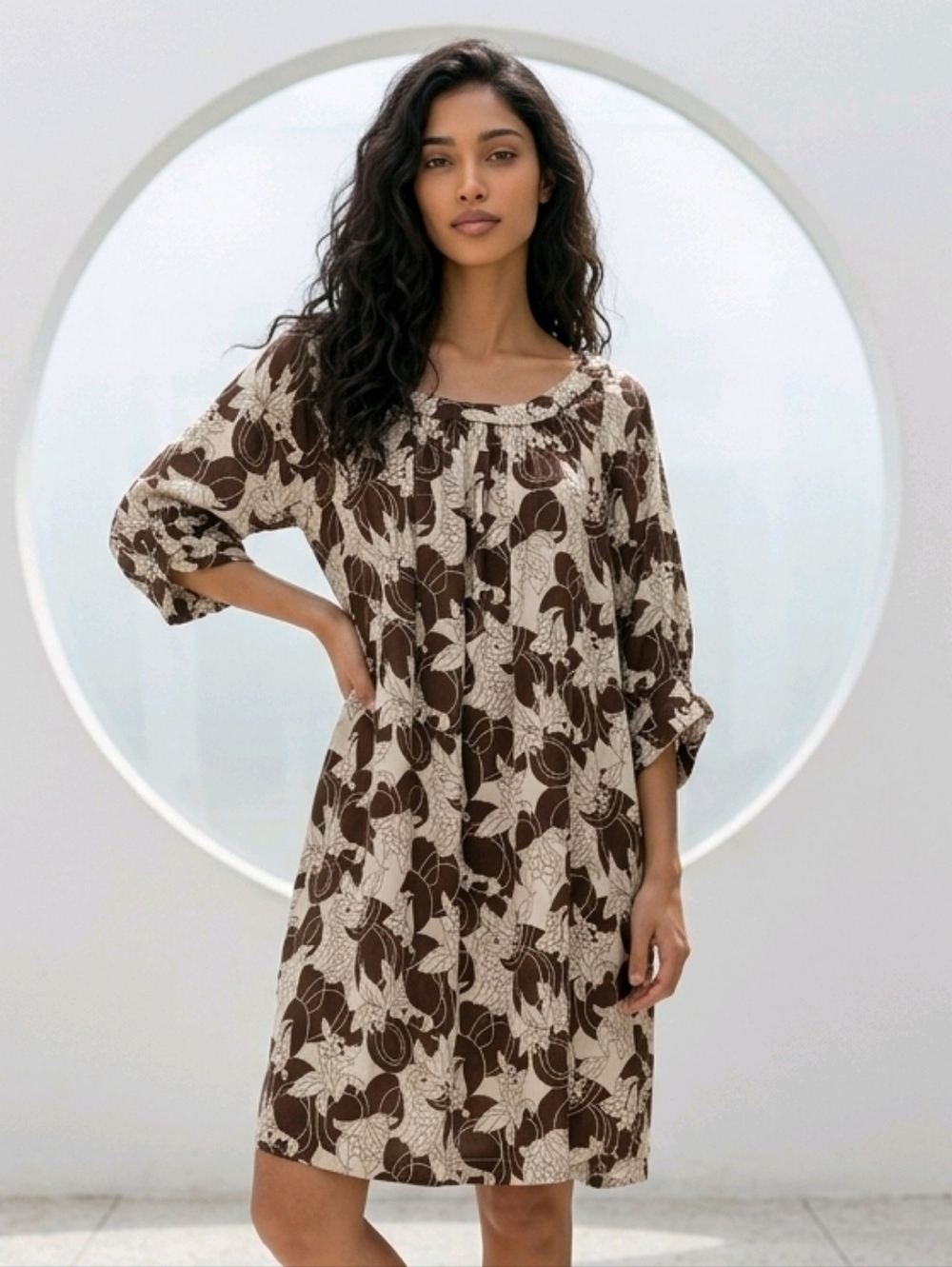 Lapis x Anthropologie Brown Floral Mini Dress Flowy Scoop Neck Boho M/L Artsy